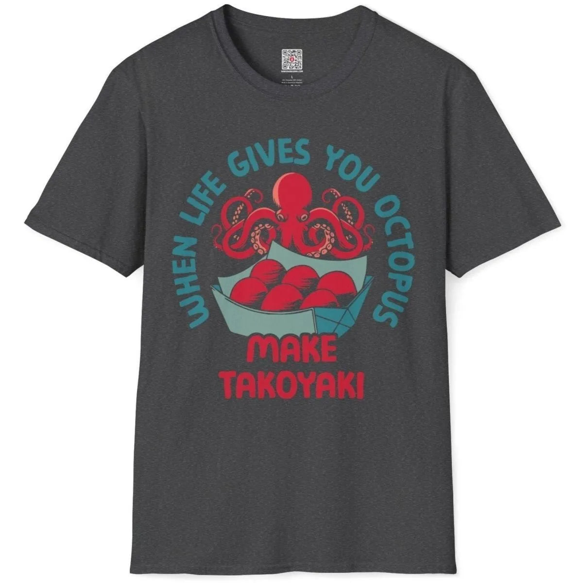 Dark heather flatlay t-shirt with lively red octopus, takoyaki balls, and Japanese inspired clothes theme.