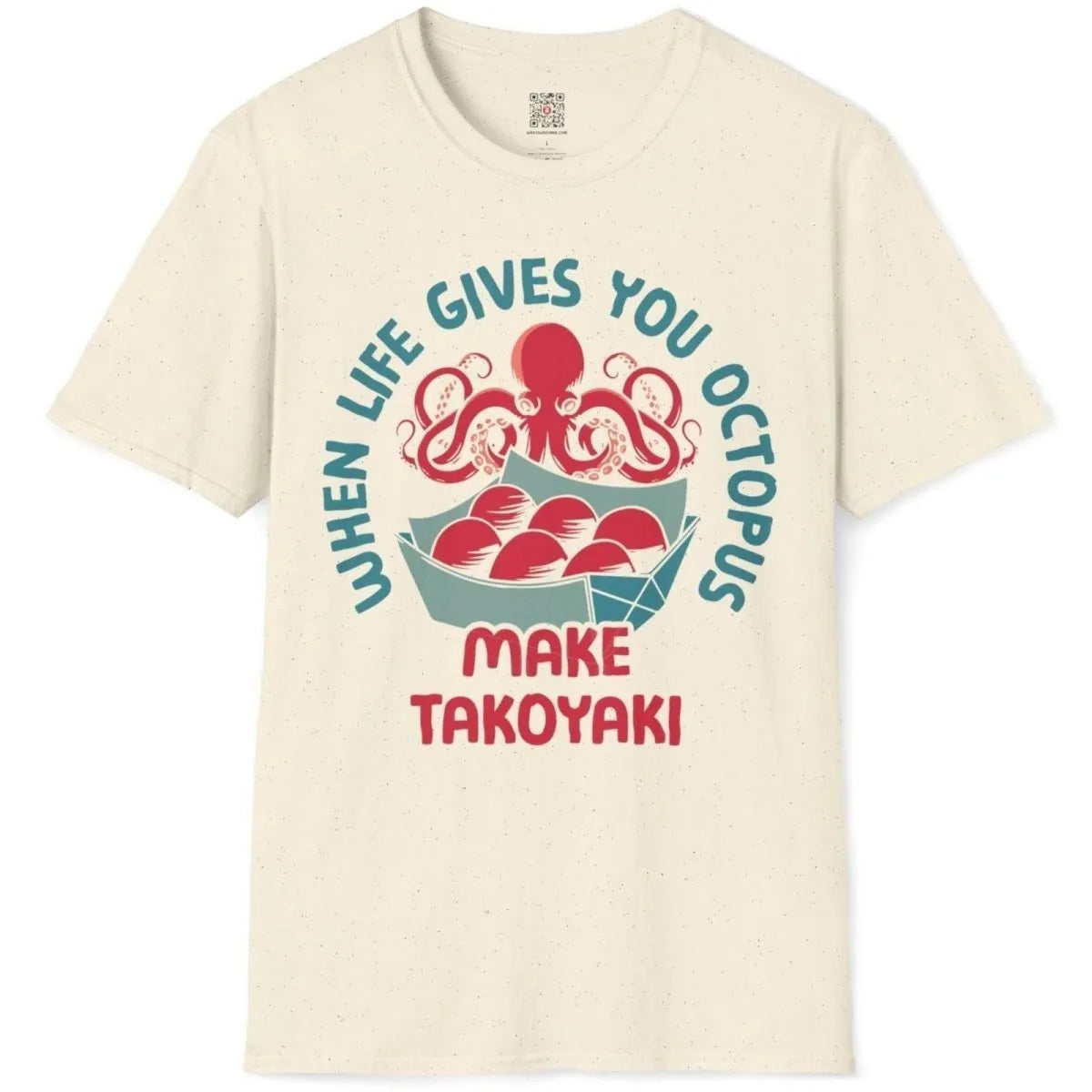 Natural flatlay t-shirt with charming octopus, takoyaki balls, and cultural fusion design.