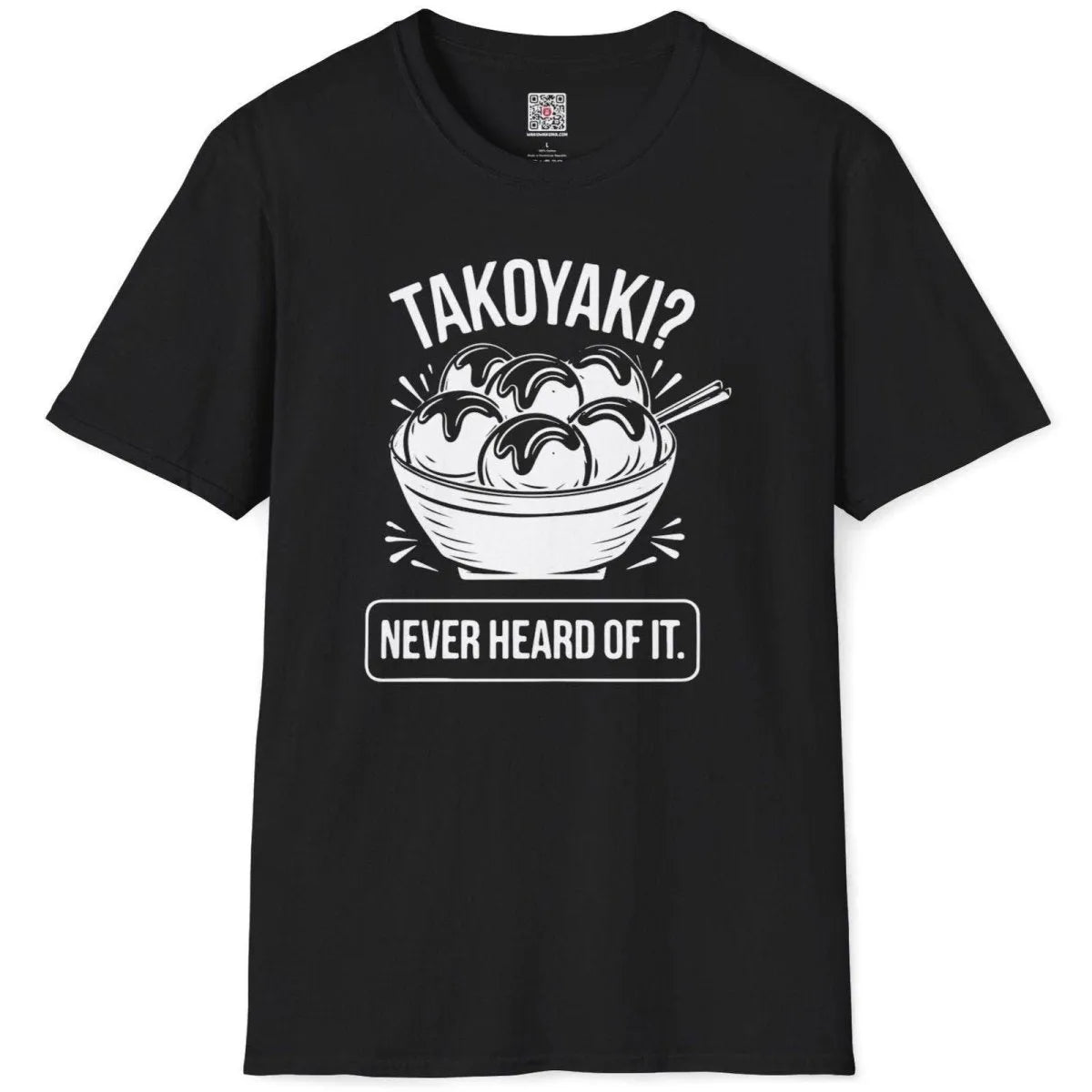 Black flatlay tee with eye-catching takoyaki graphic and bold text; junk food shirt, octopus shirt, vintage aesthetic.