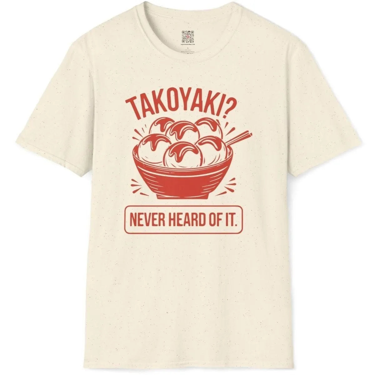 Natural flatlay shirt with nostalgic takoyaki bowl and bold blocky text; vintage aesthetic, food t-shirts, bold text fonts.