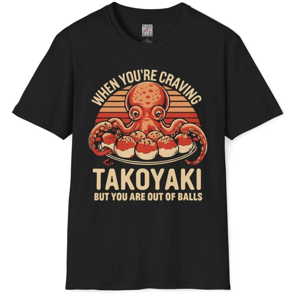 Black shirt flatlay with expressive octopus, takoyaki balls, and humorous quote, junk food shirt, funny shirts with sayings.