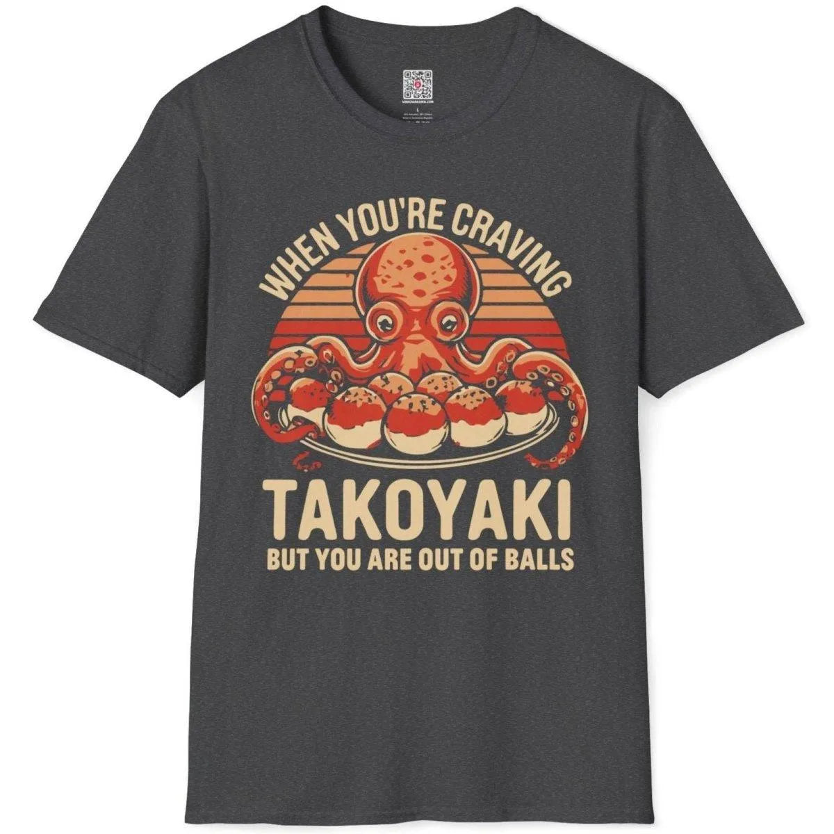 Dark heather shirt flatlay showing octopus, takoyaki balls, and sunset gradient, junk food shirt, vibrant style.