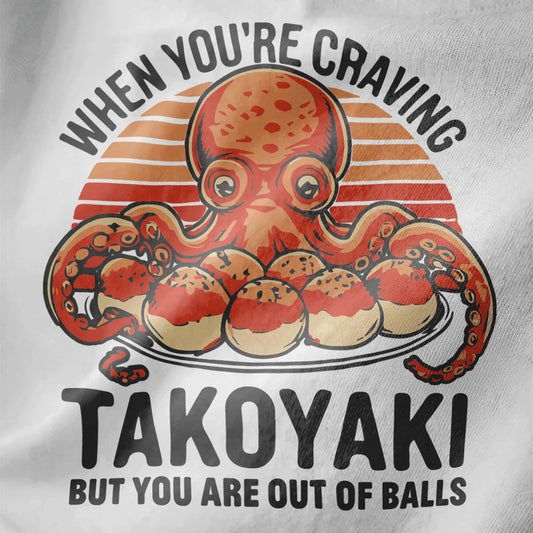 Vibrant octopus with takoyaki balls and retro font on white fabric, japanese t-shirts, takoyaki balls, vibrant style.