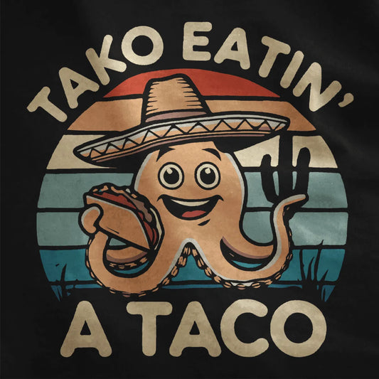 Octopus with taco and festive sunset gradient on black fabric, japanese t-shirts, vibrant style, food t-shirts.