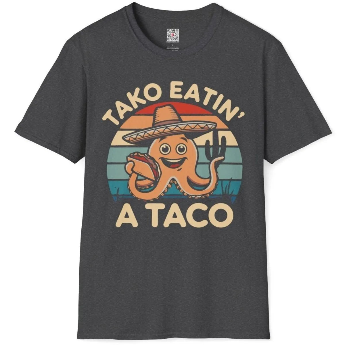 Dark heather shirt flatlay, octopus in sombrero, taco, and sunset gradient, vibrant style, cultural fusion.
