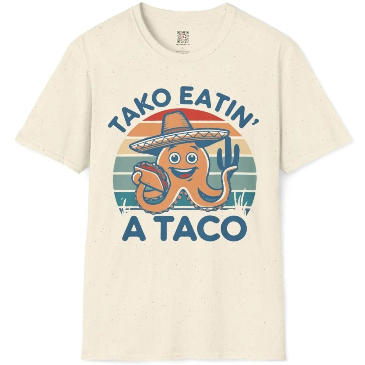 Natural shirt flatlay, joyful octopus with taco, humorous quote, japanese t-shirts.