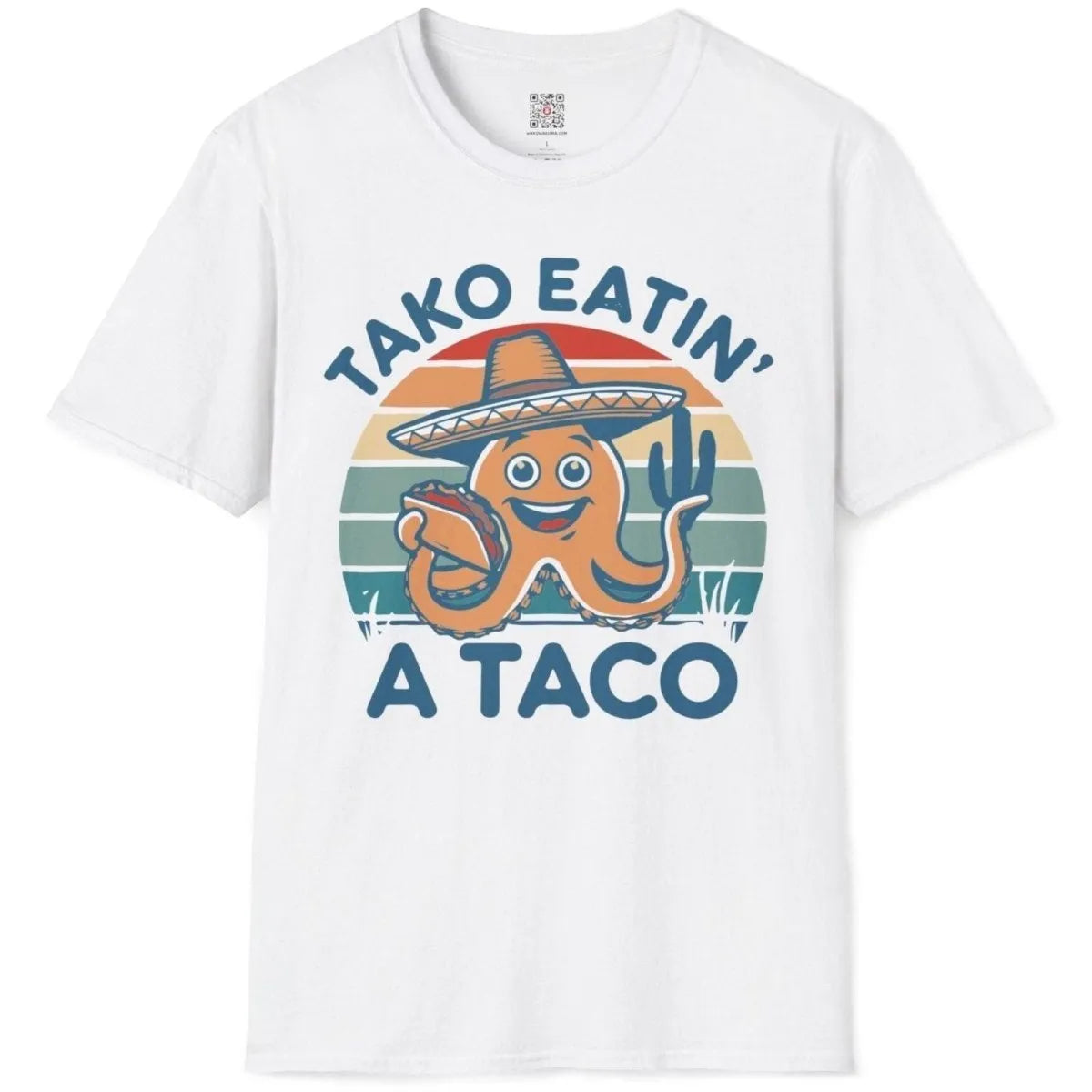 White t-shirt flatlay, octopus art with taco and bold text, japanese t-shirts, food t-shirts.