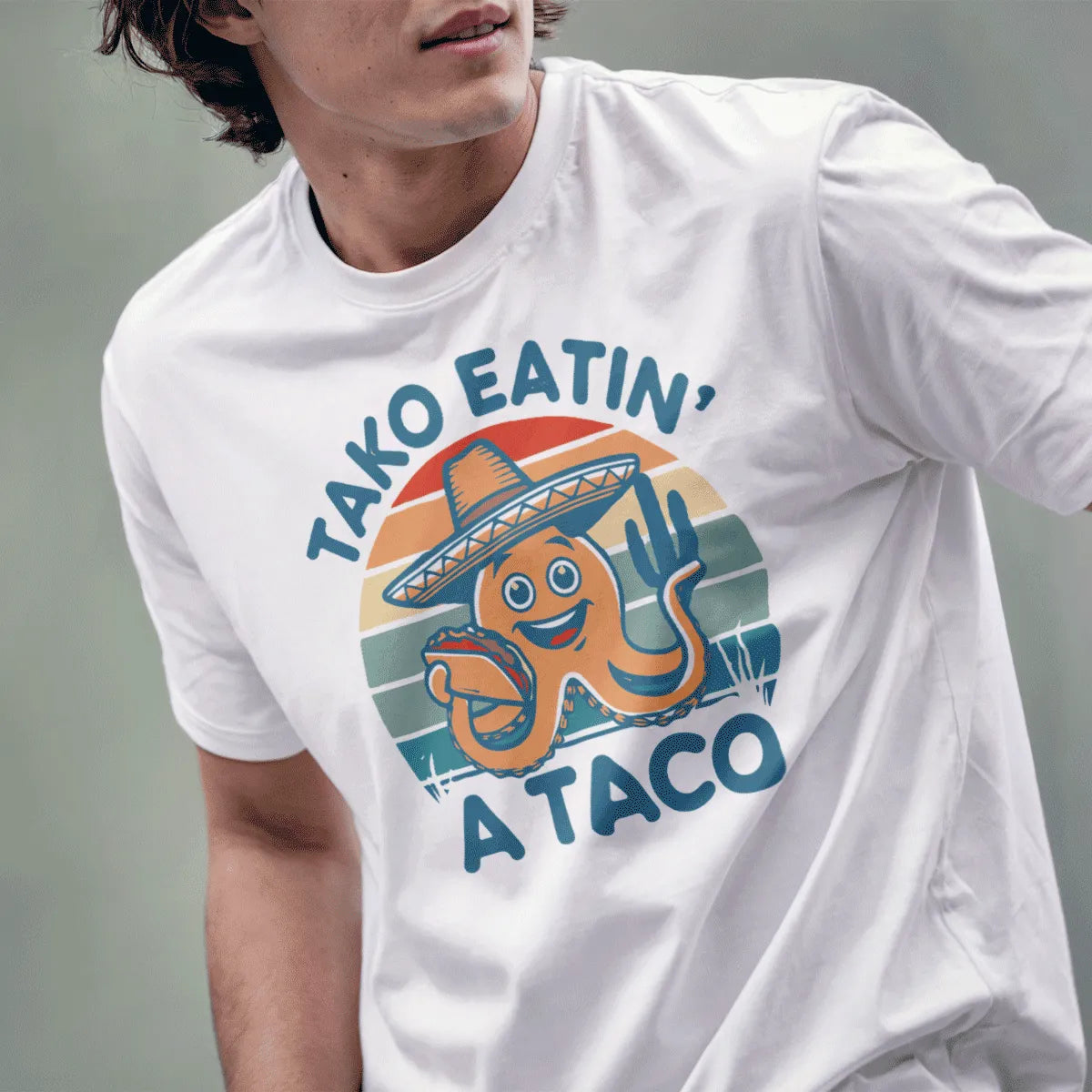 Male model in white shirt with smiling octopus in sombrero and taco, japanese t-shirts, fusion cuisine.