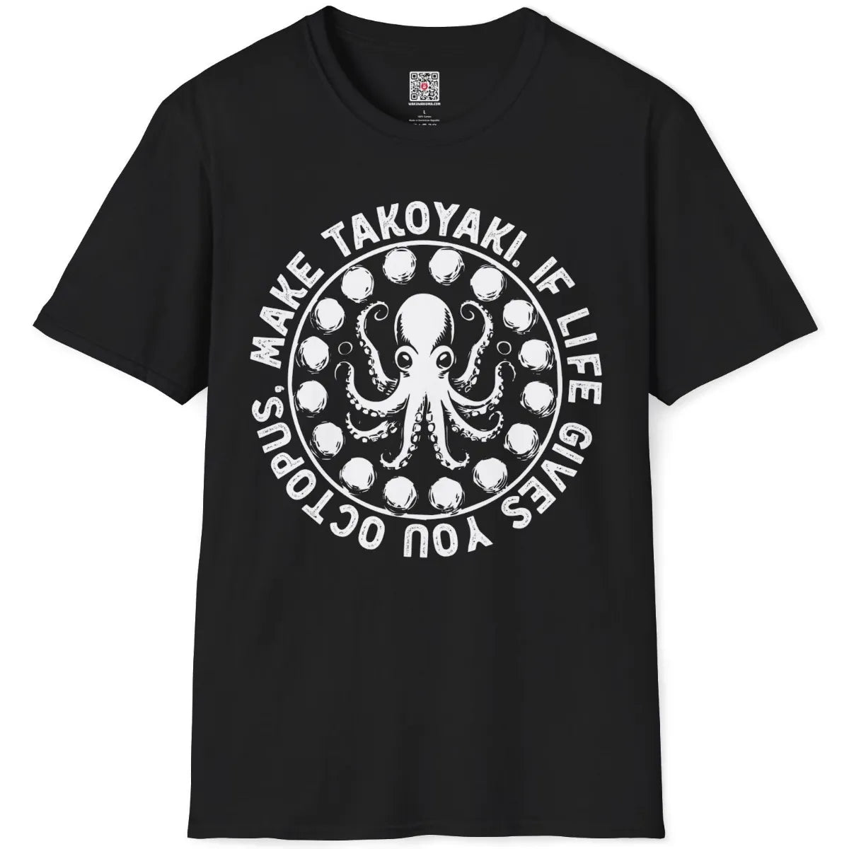 Black t-shirt flatlay with retro cartoon octopus and takoyaki, bold hand-drawn typeface, humorous quote.