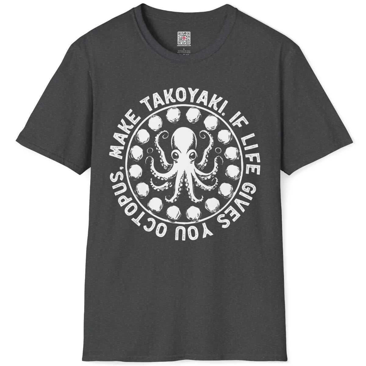 Dark heather t-shirt flatlay with rustic octopus and takoyaki graphic, circular text, octopus shirts.