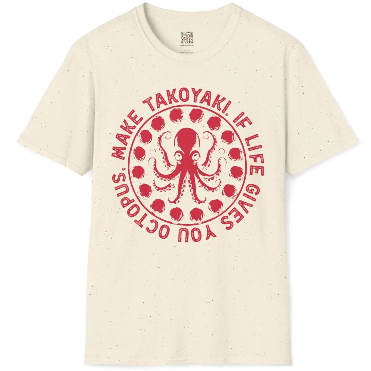 Natural t-shirt flatlay with quirky octopus and takoyaki design, hand-drawn typeface, cultural fusion.
