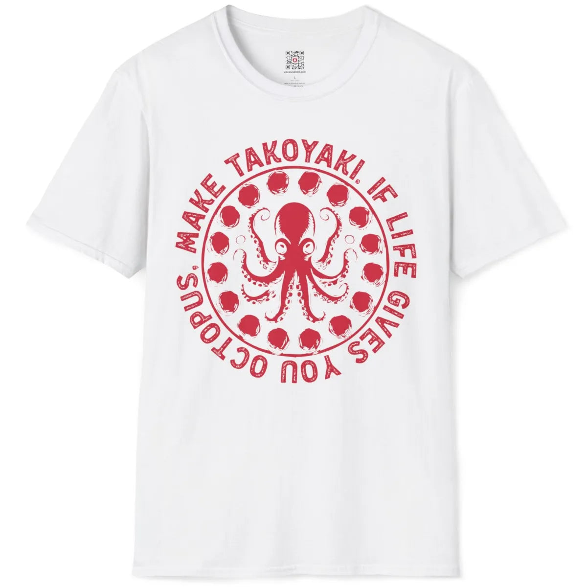 White t-shirt flatlay displaying cultural fusion octopus and takoyaki balls, vibrant style, junk food shirt.