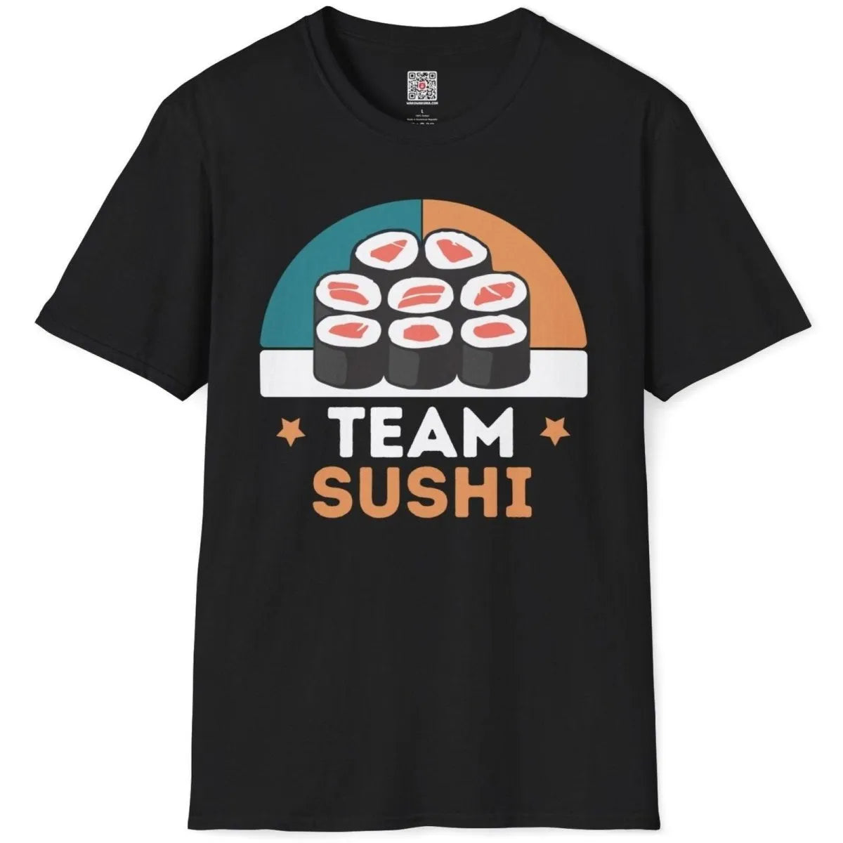 Black flatlay t-shirt with sushi grid, teal half-circle, and "TEAM SUSHI" in bold fonts; sushi culture, bold text fonts.