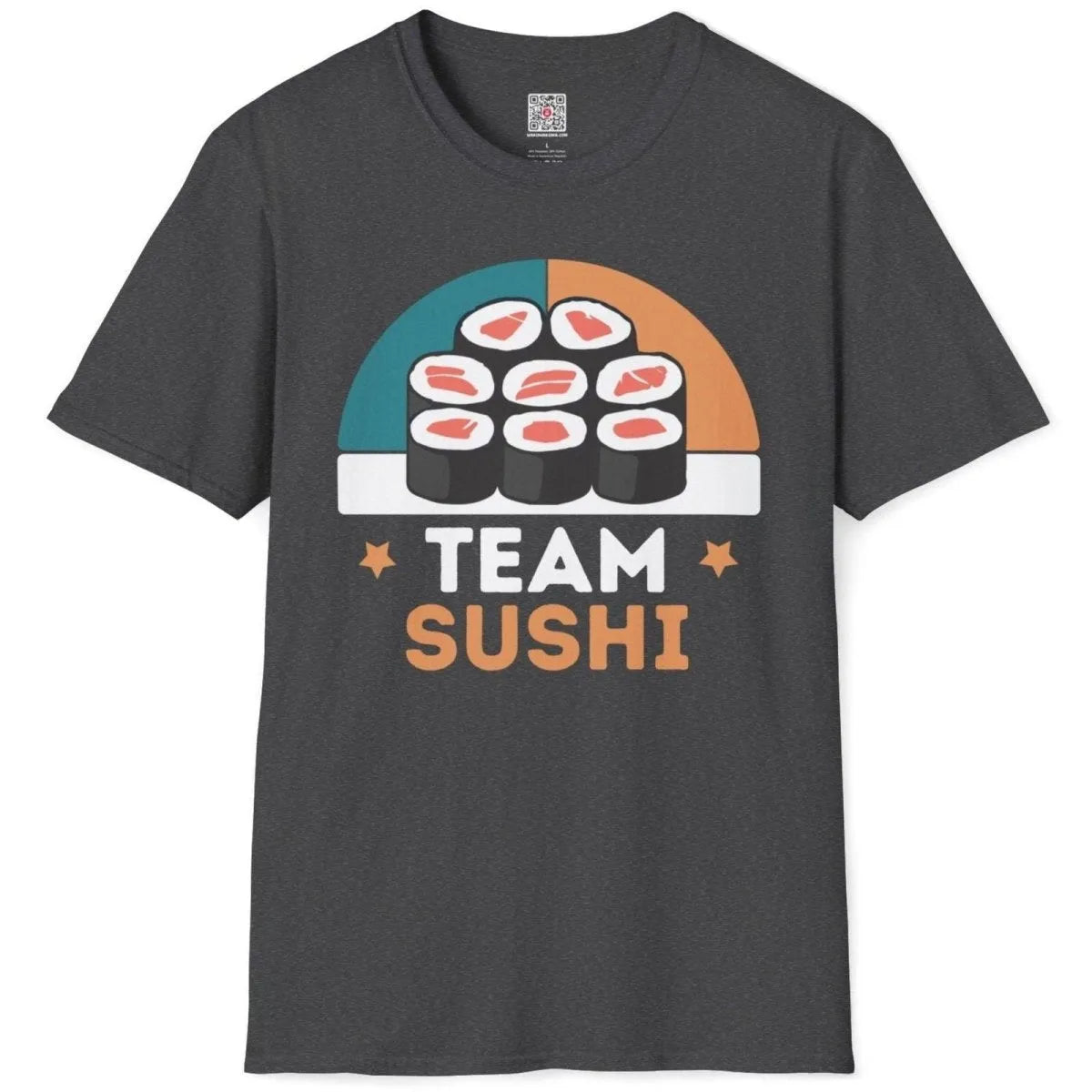 Dark heather t-shirt flatlay with 3x3 sushi roll grid and playful "TEAM SUSHI" design; friends themed shirts, grid pattern.