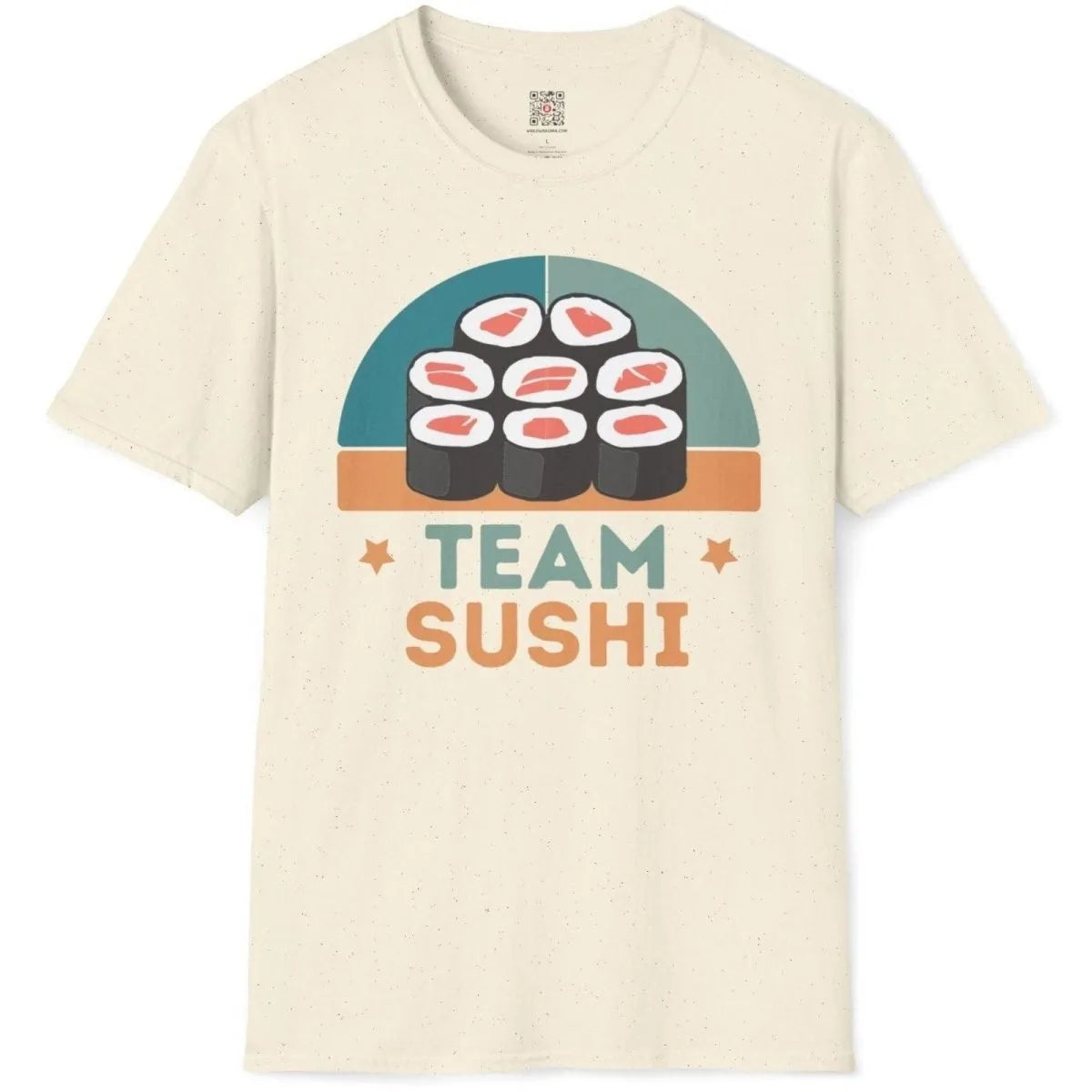 Natural flatlay t-shirt with sushi roll grid, playful stars, and "TEAM SUSHI" text; sushi t-shirt, kawaii clothes.