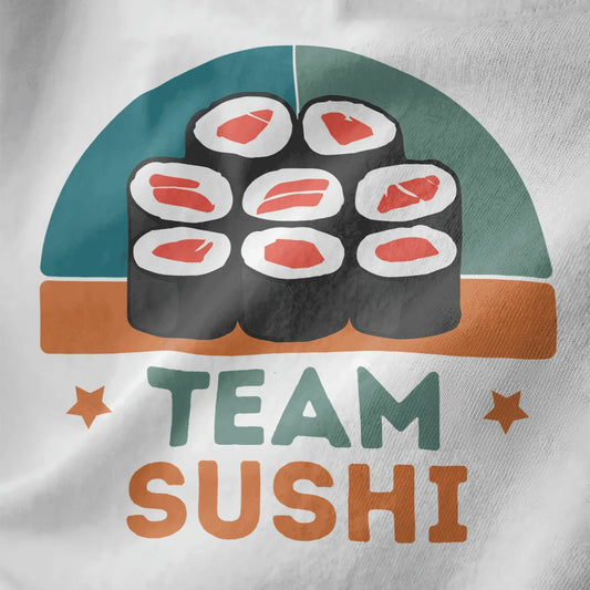 Close-up of nine sushi rolls in a grid with "TEAM SUSHI" text on white shirt; sushi shirt, kawaii clothes.