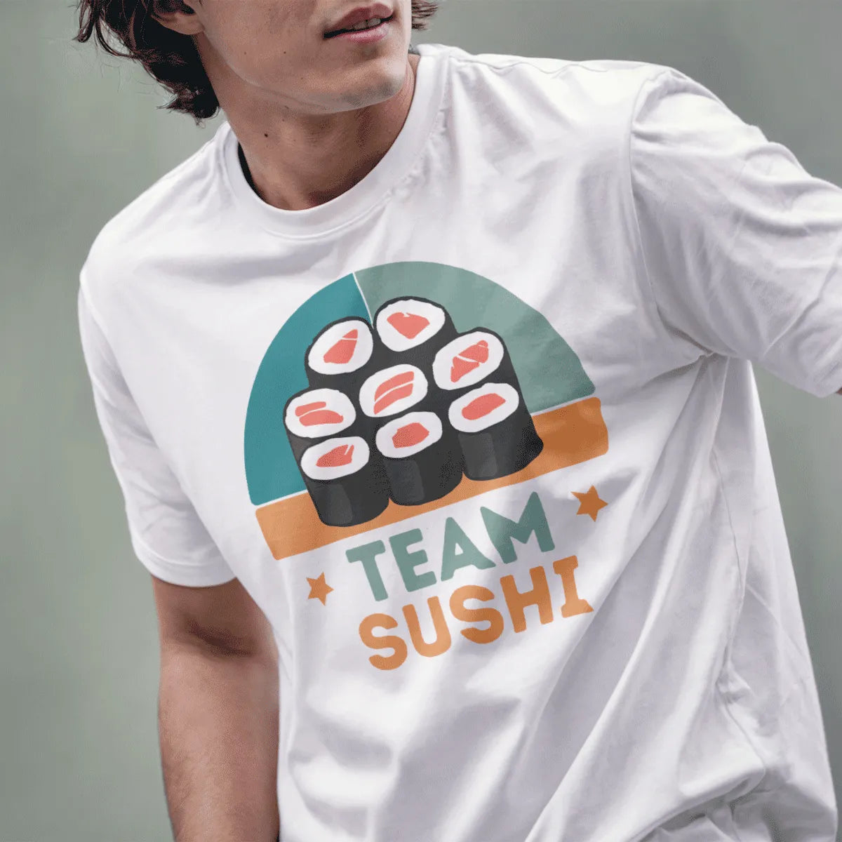 Male model in white t-shirt with sushi grid and playful "TEAM SUSHI" text; japanese t-shirts, graphic t shirts for ladies.