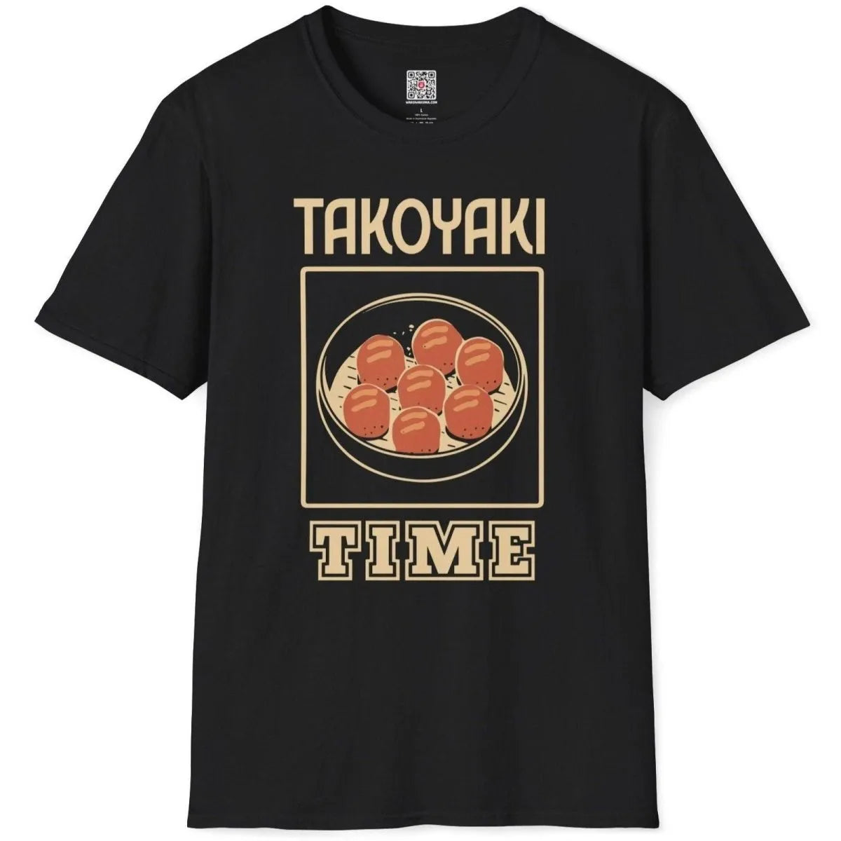 Flatlay of black “TAKOYAKI TIME” shirt with takoyaki balls, retro diner, and bold block letters.