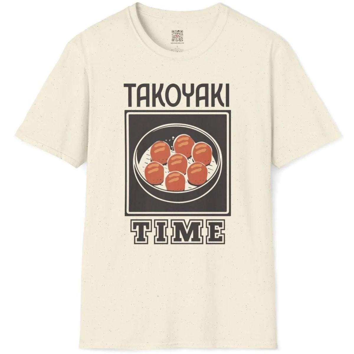 Flatlay of natural shirt with takoyaki balls, “TAKOYAKI TIME” text, and retro diner vibe.