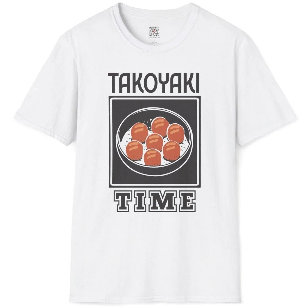 Flatlay of white shirt with takoyaki balls, “TAKOYAKI TIME” text, and vintage advertisement poster look.