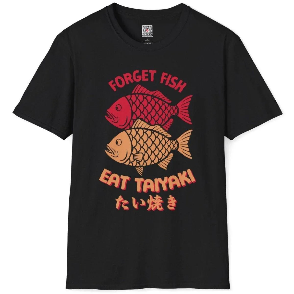 Flatlay of black shirt with two taiyaki fish, “FORGET FISH EAT TAIYAKI” text, and retro cartoon style.