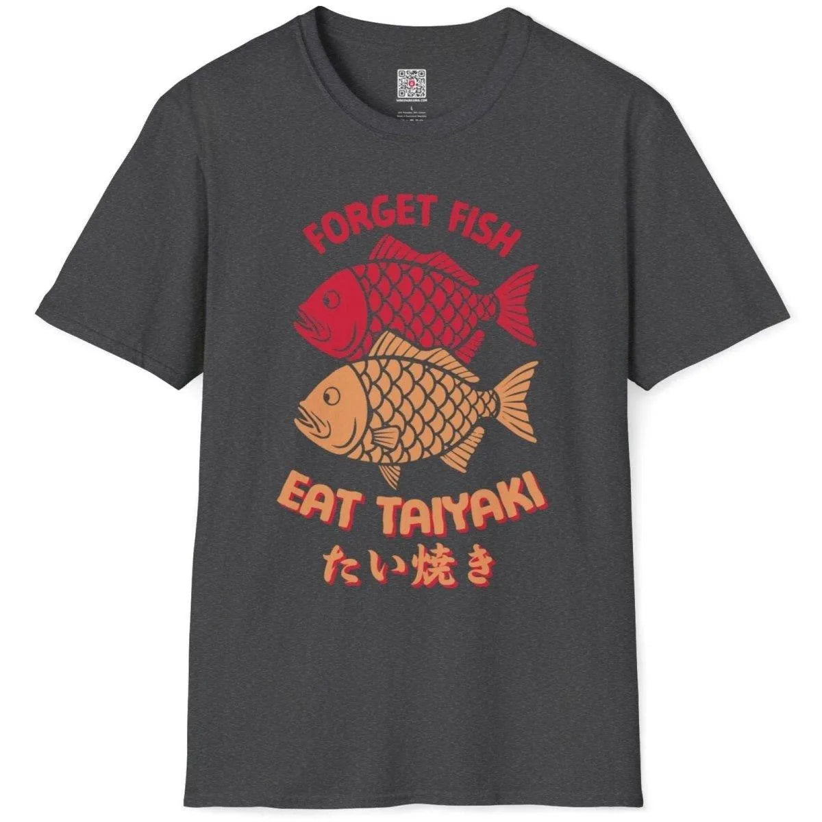 Flatlay of dark heather shirt with two taiyaki fish, “FORGET FISH EAT TAIYAKI” text, and sweets from japan.