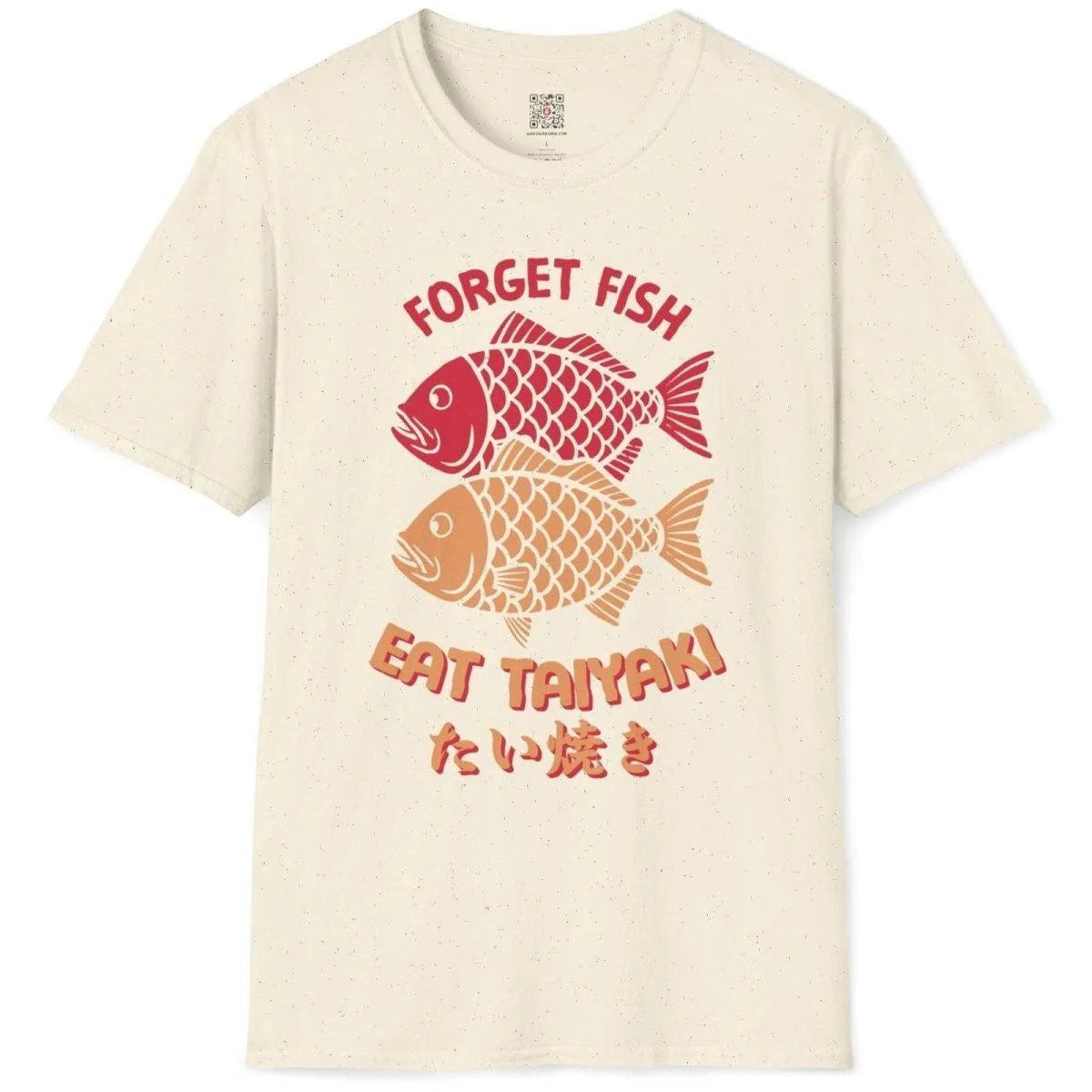 Flatlay of natural shirt with two taiyaki fish, “FORGET FISH EAT TAIYAKI” text, and pastel aesthetics.