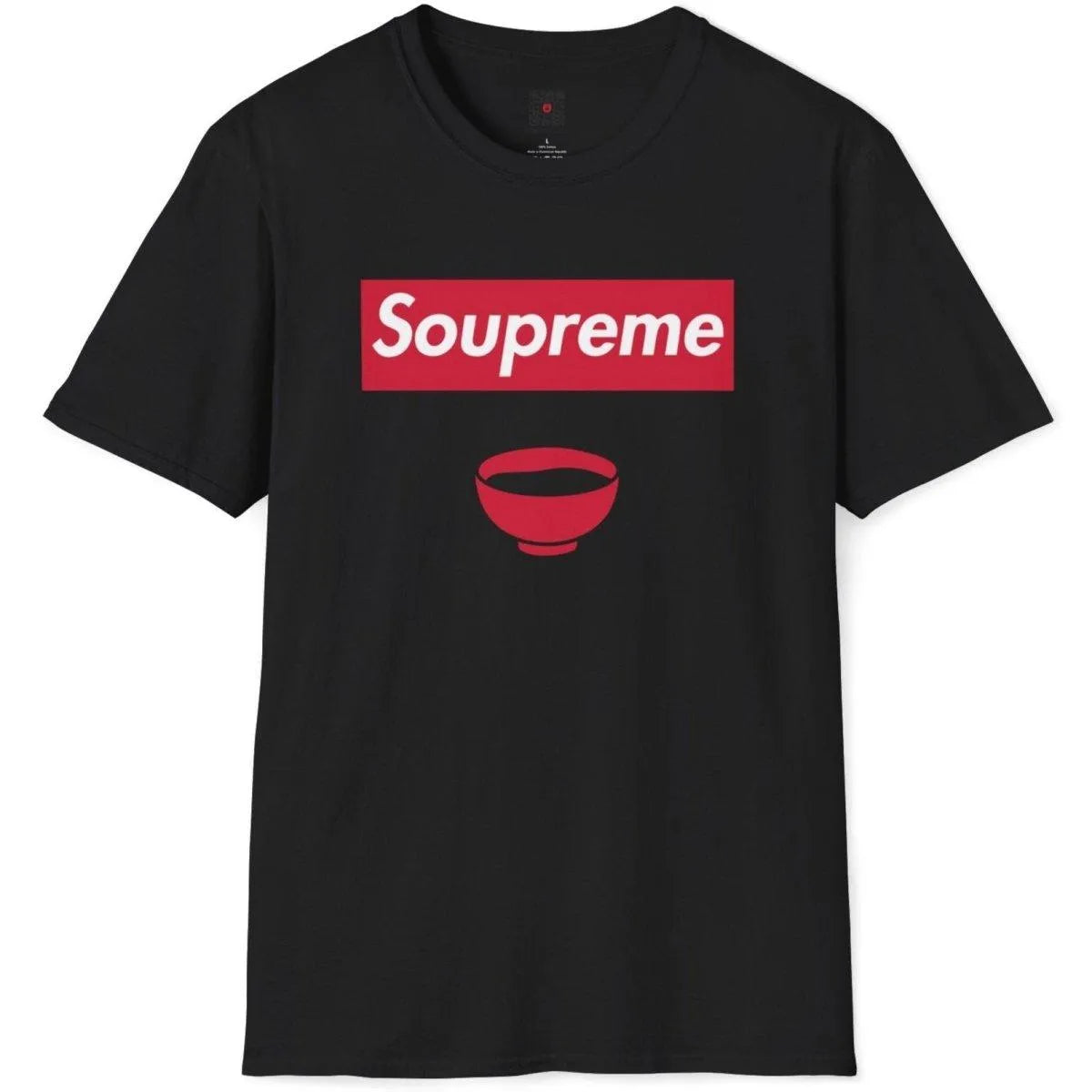 Black flatlay t-shirt with Soupreme logo parody and red soup bowl, pop art shirt, streetwear styles for men.