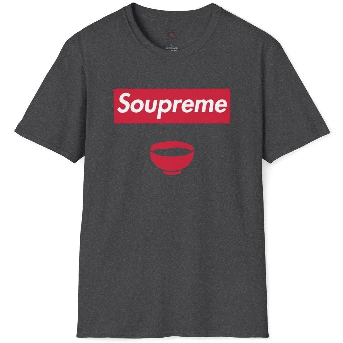 Dark heather flatlay t-shirt with Soupreme logo parody and red soup bowl, bold typography, graphic tees stores.
