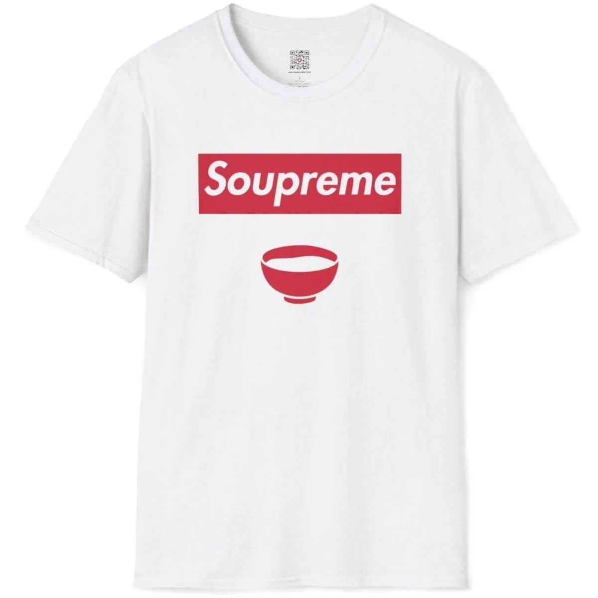White flatlay t-shirt with Soupreme logo parody and red soup bowl, logo parody, vibrant style.