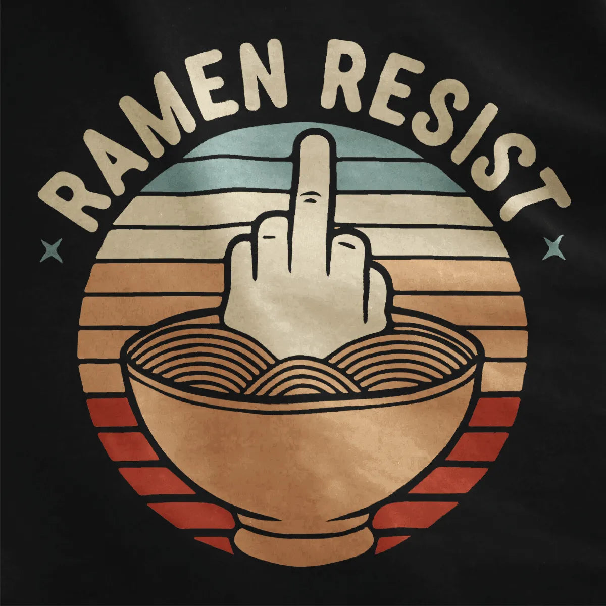 Bold hand giving the middle finger in ramen bowl on black shirt, retro sunset colors, ramen t-shirt, bold text.