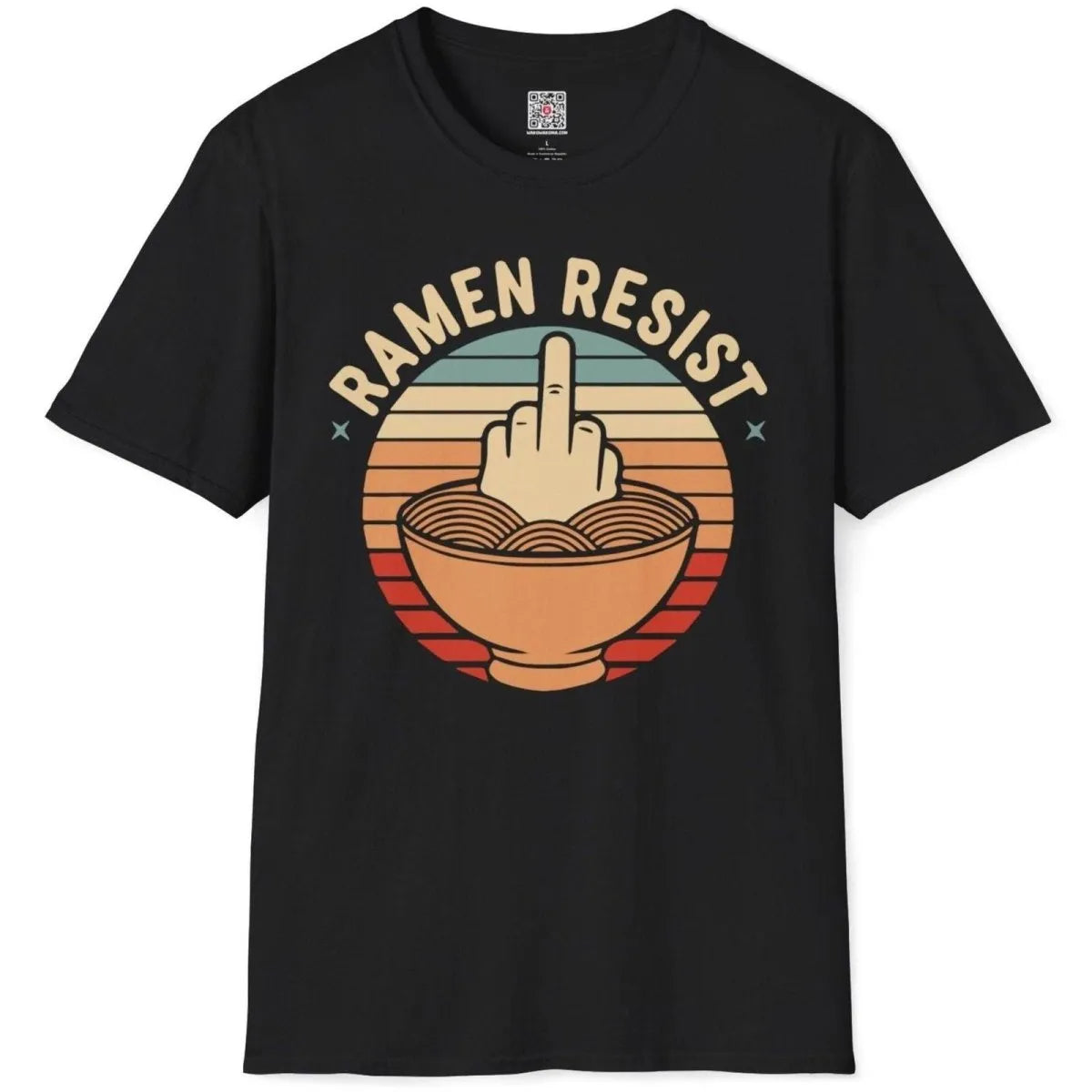 Black flatlay t-shirt with bold ramen resist design, rebellious hand, vintage aesthetic, bold text fonts.