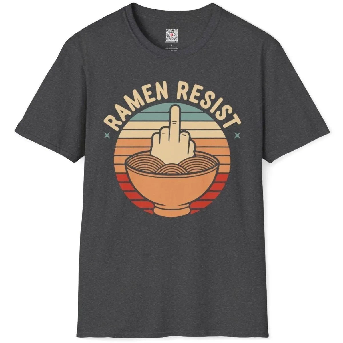 Dark heather flatlay t-shirt with ramen resist design, bold hand, retro colors, ramen t-shirt.
