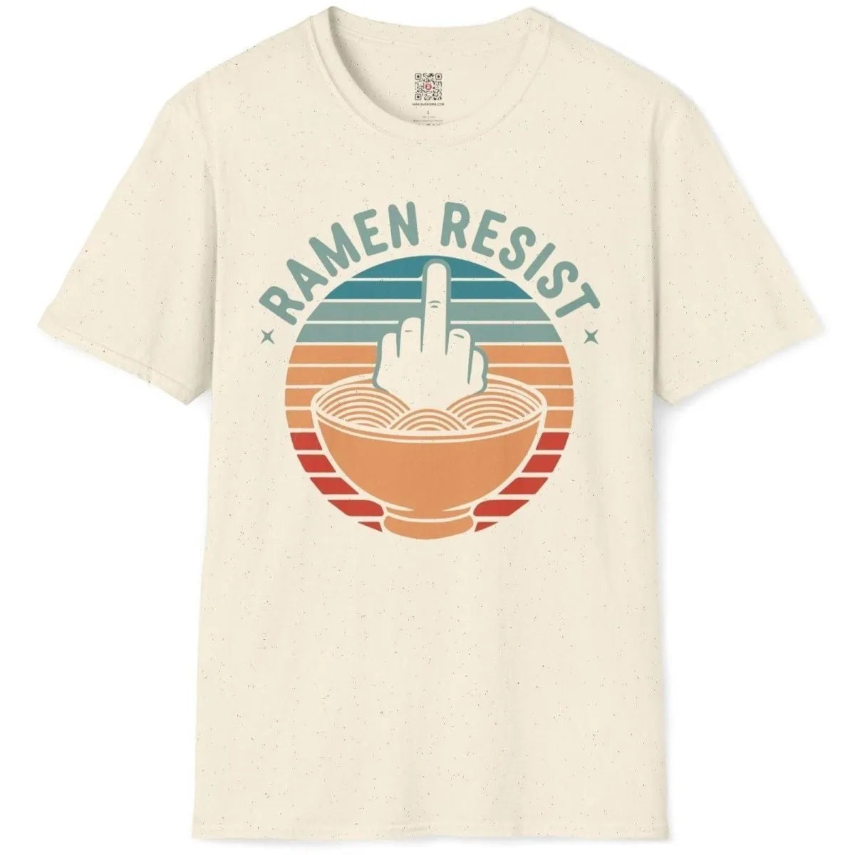 Natural flatlay t-shirt with ramen resist design, bold hand, retro colors, ramen t-shirt.