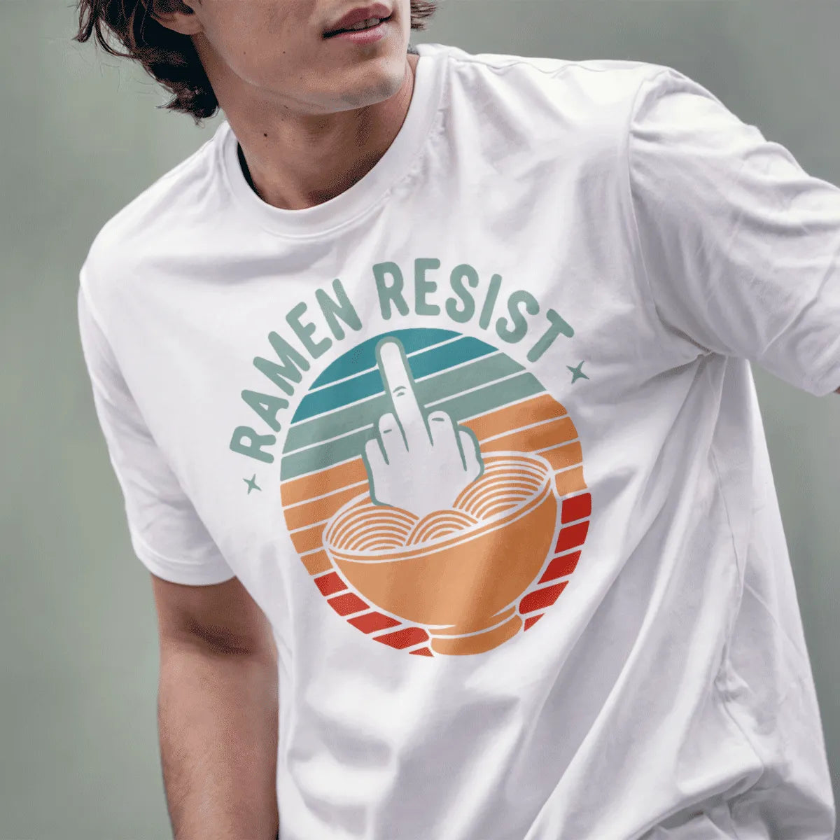 Male model in white shirt with rebellious ramen design, bold text, retro style, ramen t-shirt.