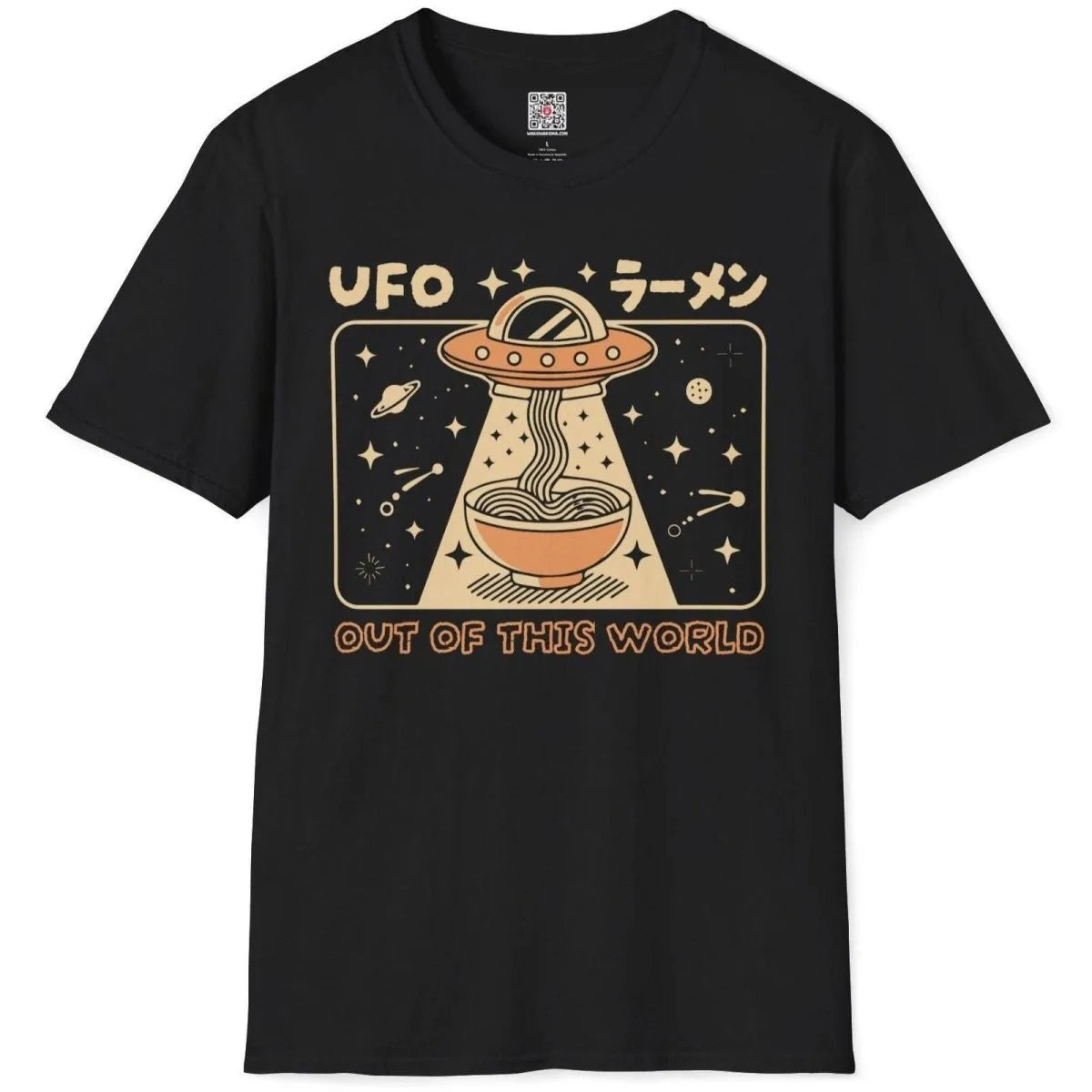 Black flatlay t-shirt with retro-futuristic UFO and ramen bowl, accented by teal space-themed background.
