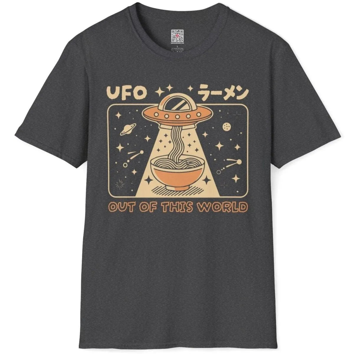 Dark heather flatlay t-shirt showing colorful UFO ramen design, pop art style and playful composition.
