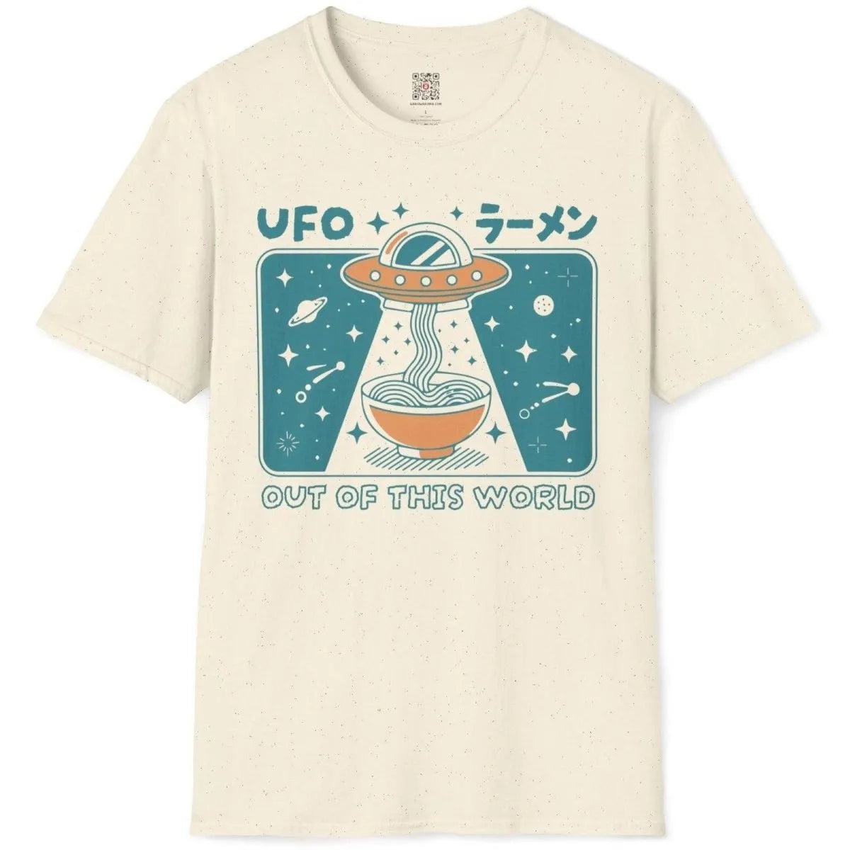 Natural shirt flatlay with whimsical ramen and UFO print, cartoonish style and cosmic details.