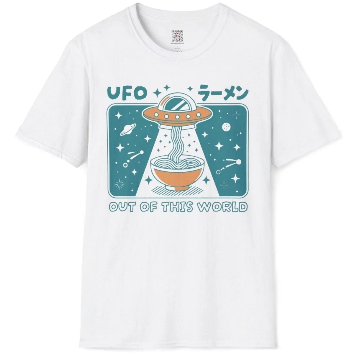 White flatlay shirt with dynamic cosmic ramen illustration, Japanese characters and vintage typography.