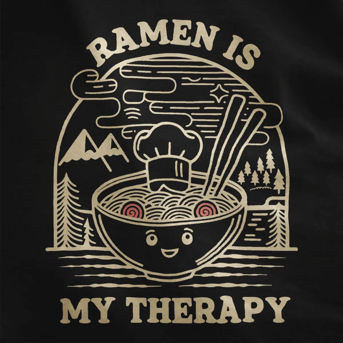 Close-up of whimsical ramen bowl graphic on black fabric, highlighting cozy food and modern tradition.