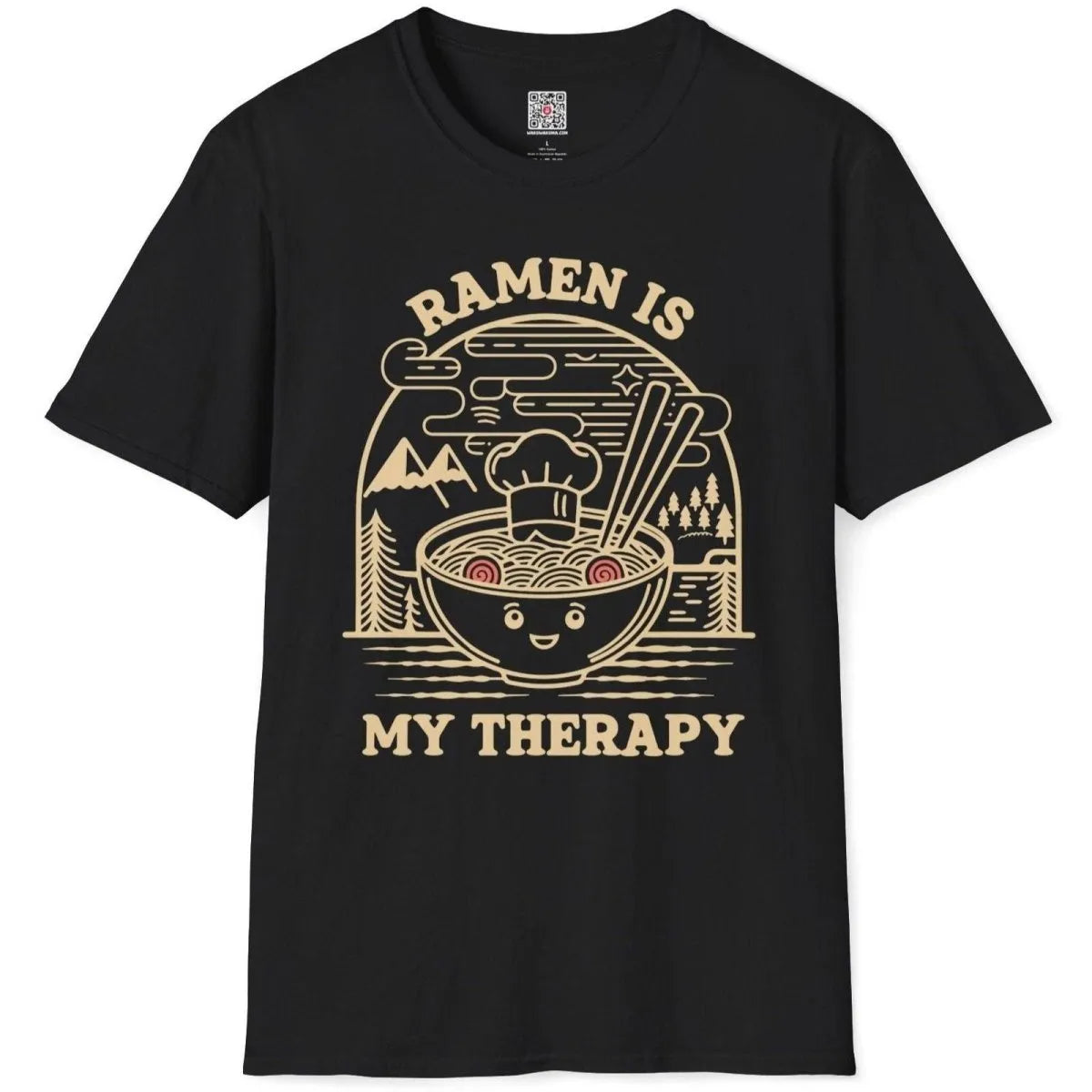 Black t-shirt flatlay with endearing ramen bowl, pink naruto, and tranquil landscape, ramen t-shirt, soft aesthetics.