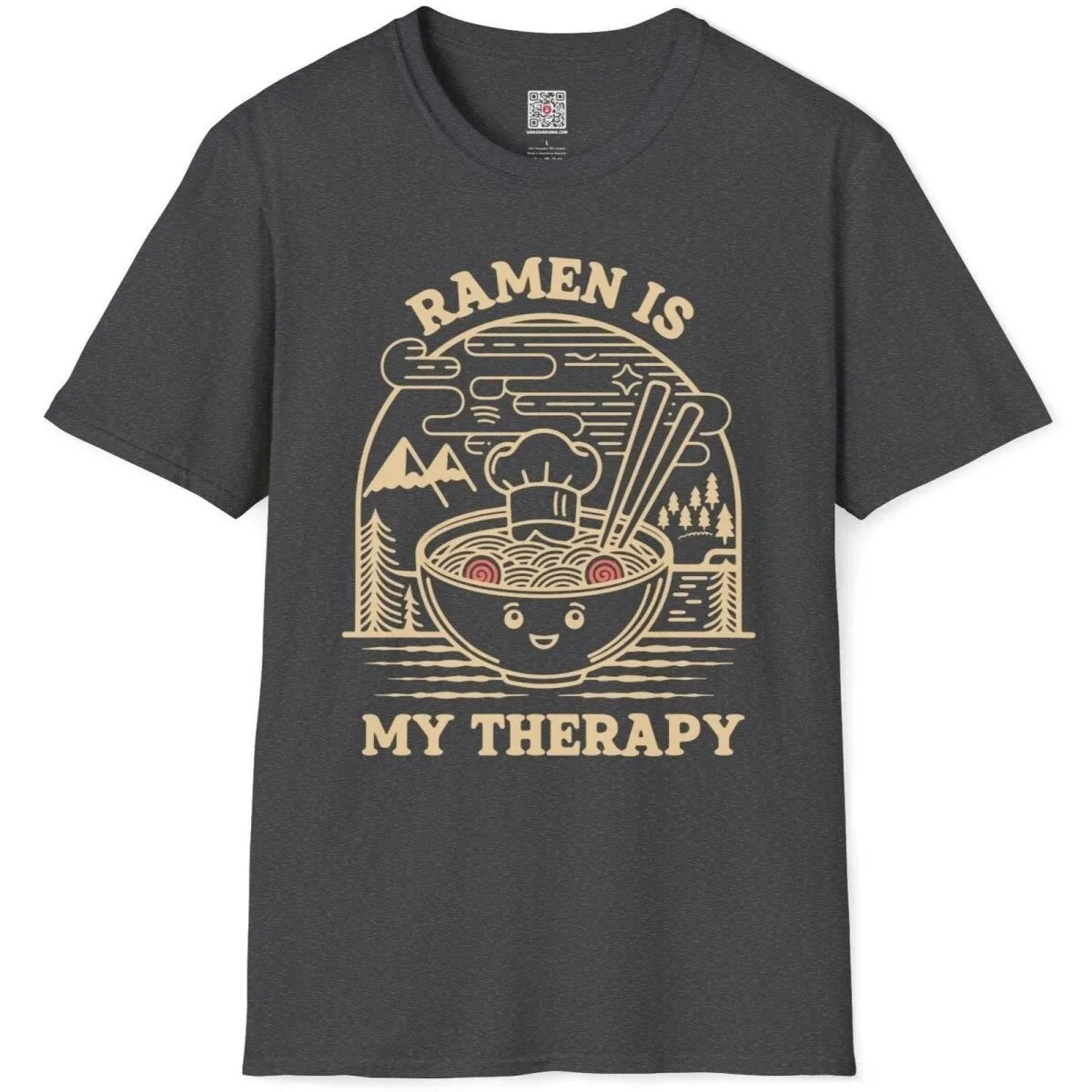 Dark heather t-shirt flatlay showing playful ramen design with chef’s hat, tranquil landscape, ramen shirt.