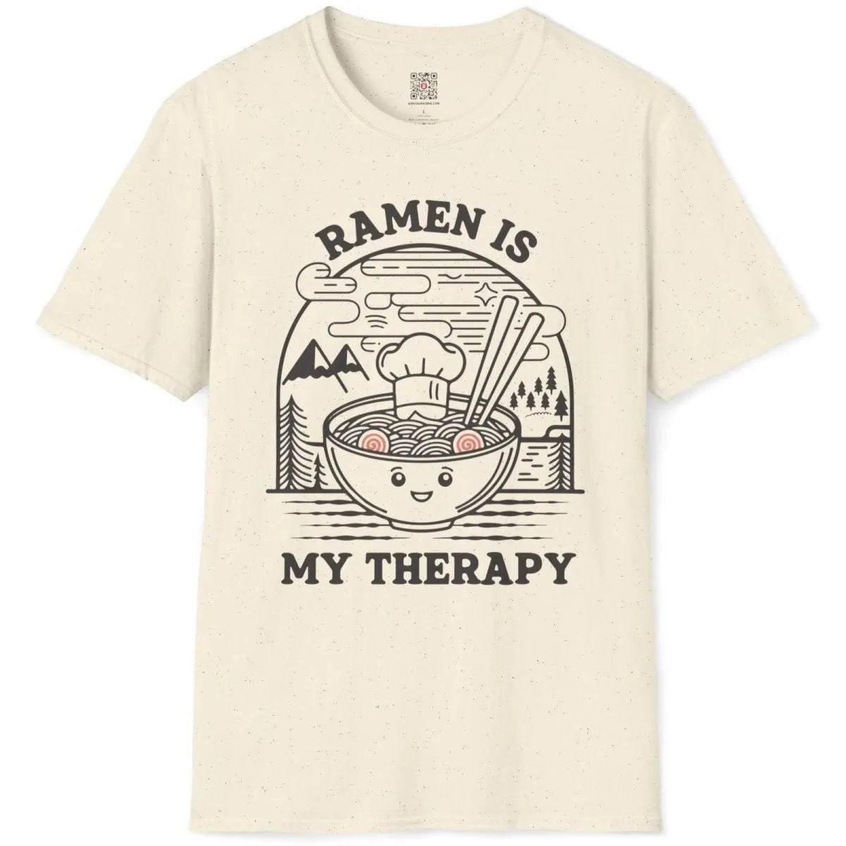 Natural t-shirt flatlay with cheerful ramen bowl and "RAMEN IS MY THERAPY" text, cozy food, pastel aesthetics.