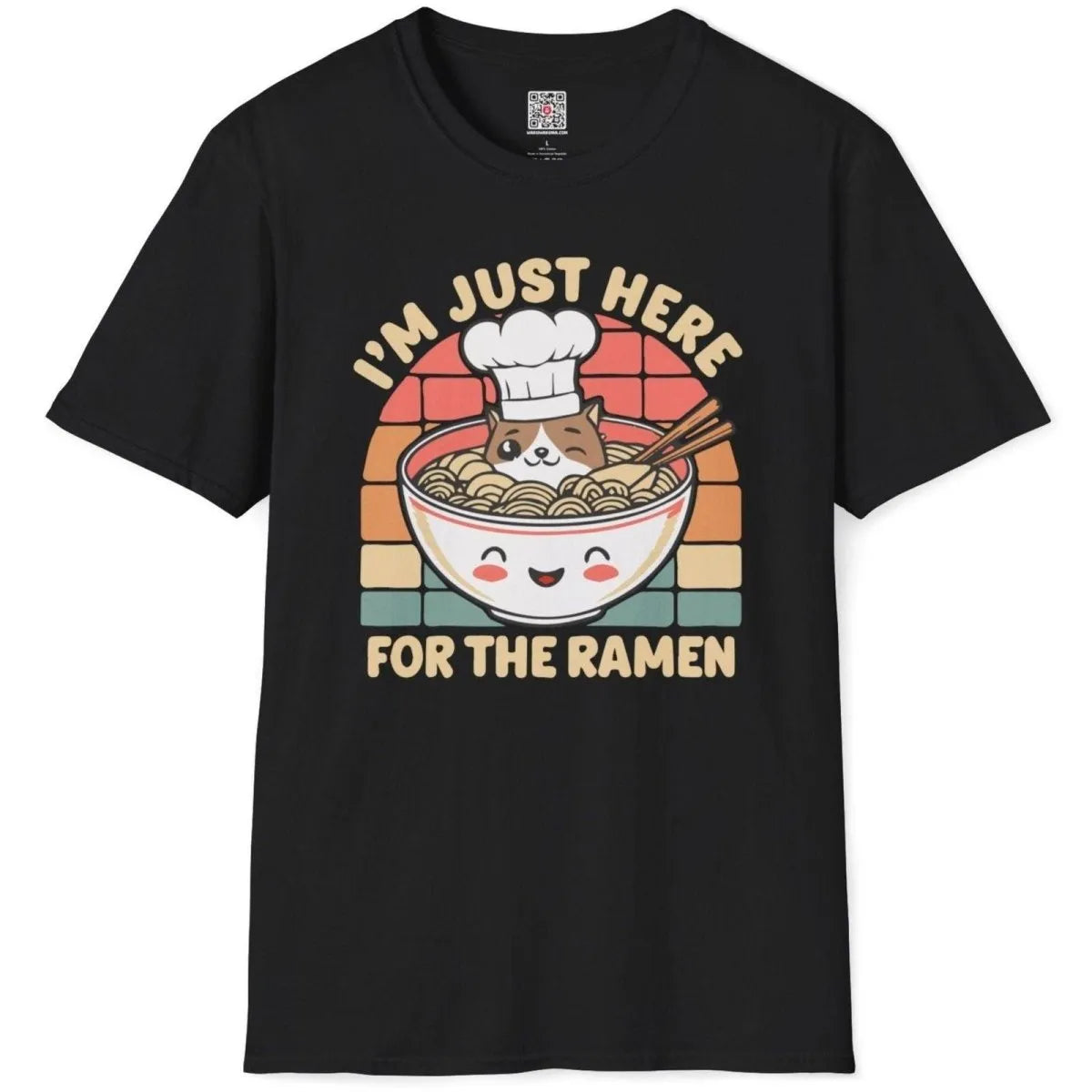 Black t-shirt flatlay with playful dog chef in ramen bowl, ramen t-shirt, junk food shirt, retro diner.
