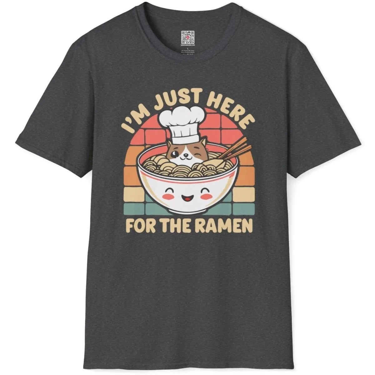 Dark heather t-shirt flatlay featuring dog chef in ramen bowl, ramen apparel, whimsical animal, foodie style.