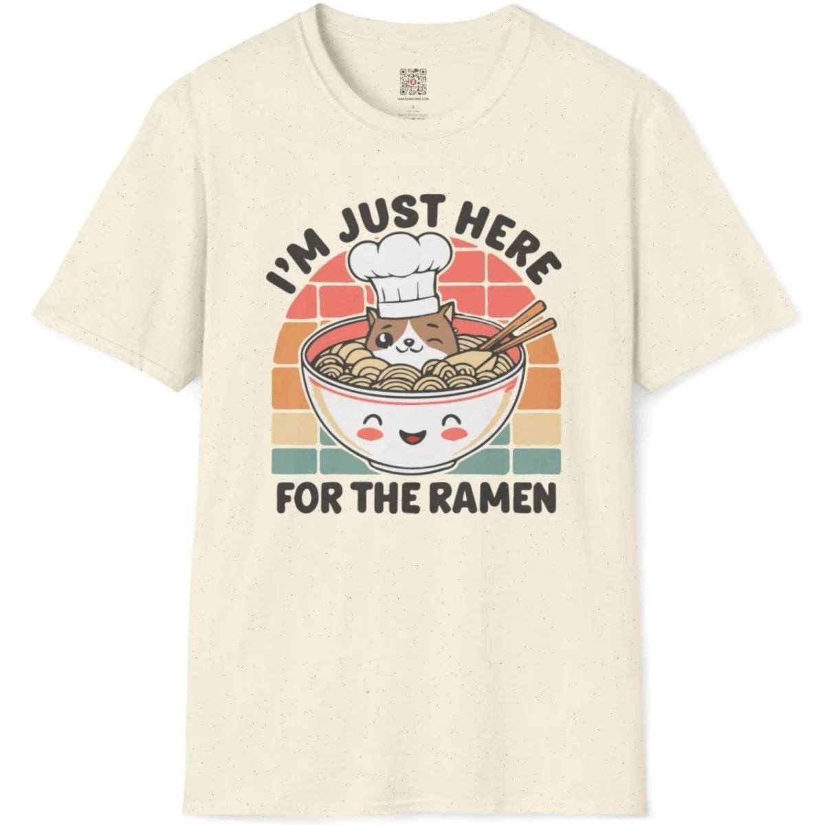 Natural t-shirt flatlay with adorable dog chef in ramen bowl, ramen t-shirt, kawaii clothes, positive messaging.