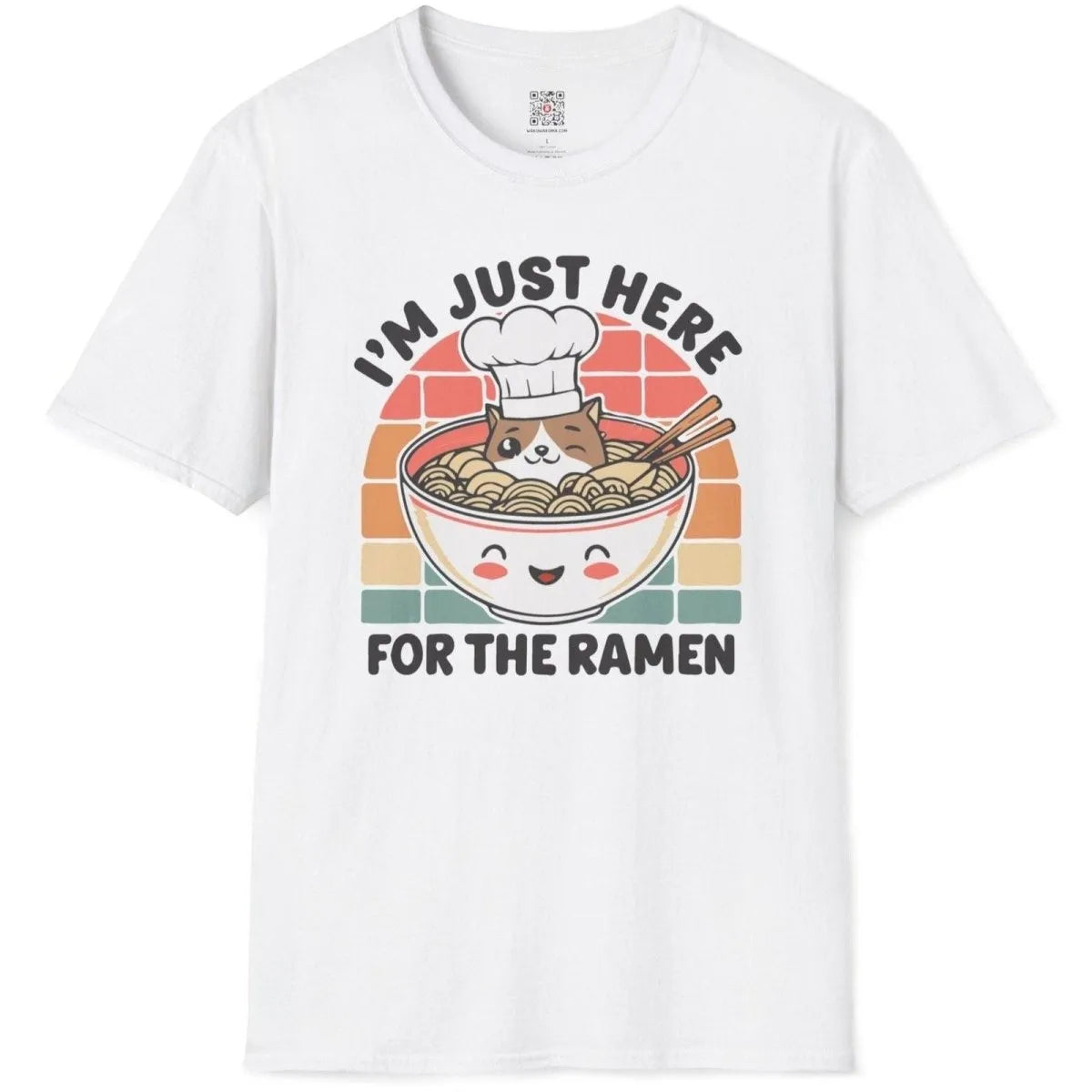 White t-shirt flatlay with kawaii dog chef in ramen bowl, pastel archway background. kawaii clothes, cozy food, retro diner