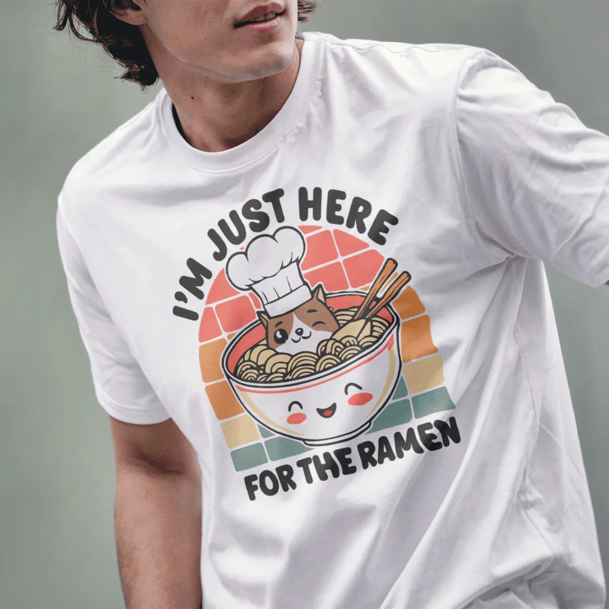 Male model in white t-shirt with cute dog chef in ramen bowl, ramen t-shirt, funny shirts with sayings, kawaii clothes.