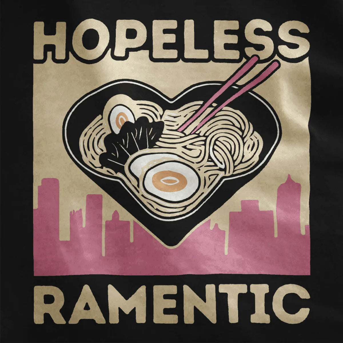 Heart-shaped ramen bowl with city skyline and playful pink text on black fabric, ramen t-shirt, kawaii clothes.