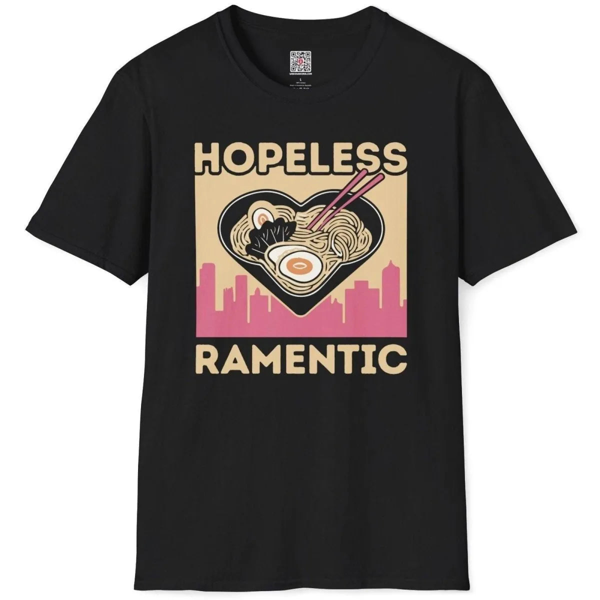 Black t-shirt flatlay with heart ramen bowl, pink cityscape, HOPELESS RAMENTIC slogan, graphic design t shirt.